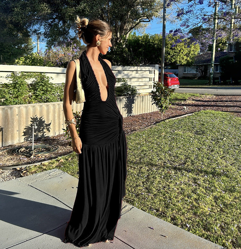 Halter Neck Deep Plunging Ruched High Slit Backless Maxi Dress 2