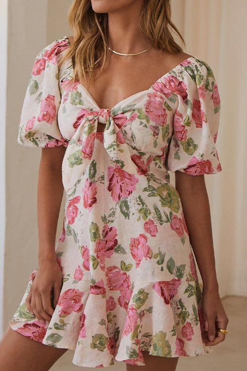 Sweetheart Tie Front Puff Sleeve Ruffle Hem Print Mini Dress 2
