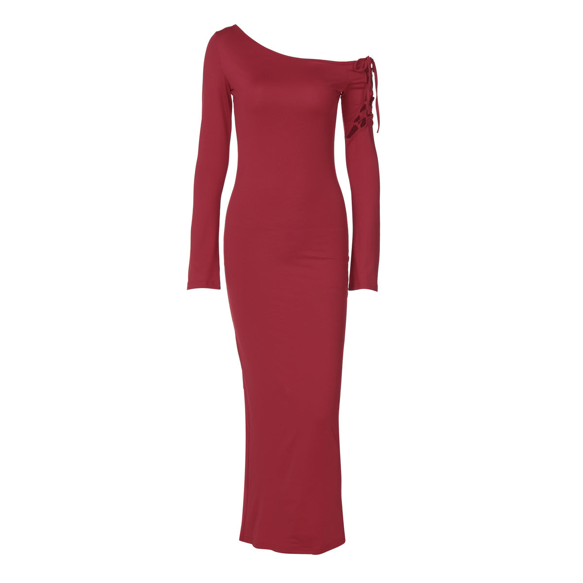 One Shoulder Lace Up Sleeve Bodycon Split Maxi Dress 2