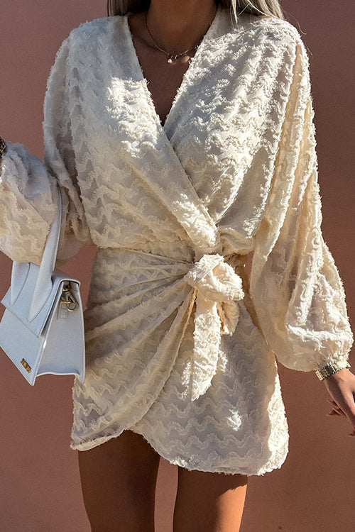 Deep V Wrap Fringe Texture Balloon Sleeve Tie Waist Mini Dress 4