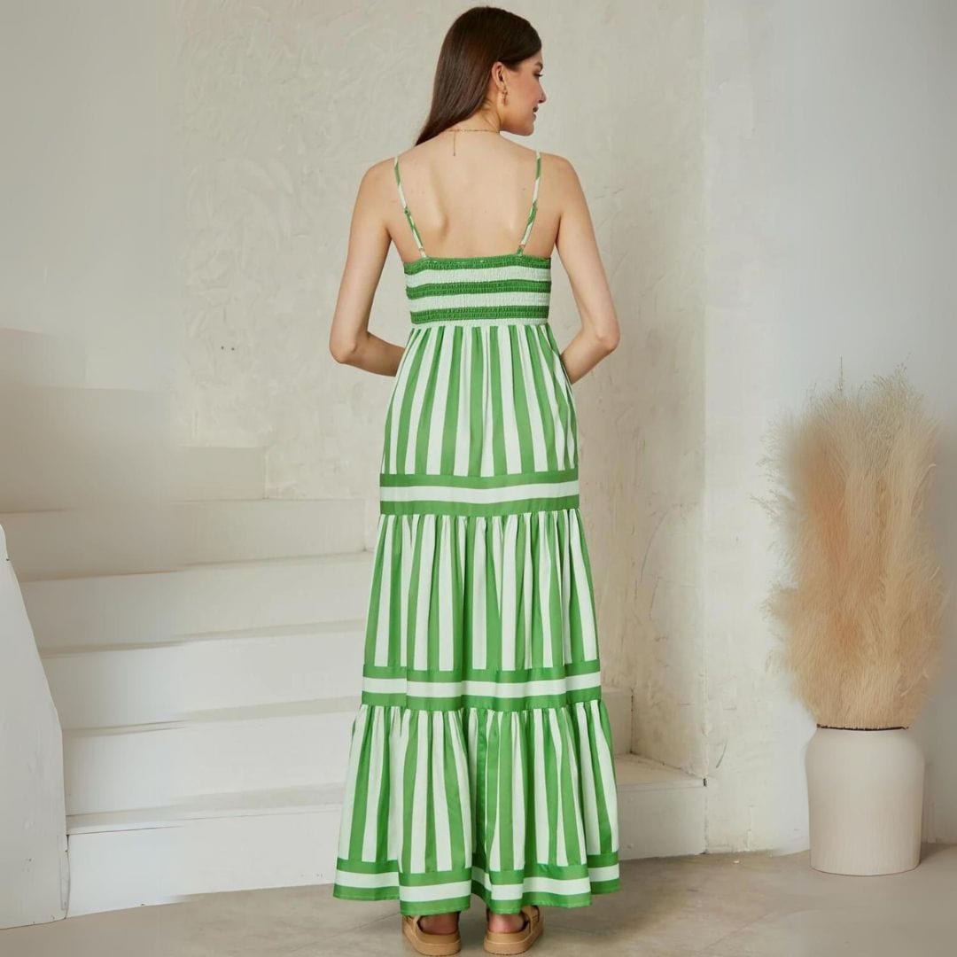 Horizontal Stripe Bodice Vertical Stripe Tiered Spaghetti Strap Maxi Dress 4