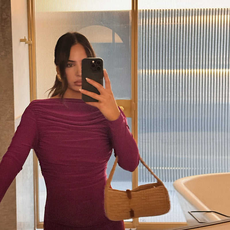 Long Sleeve Backless Ruched Column Maxi Gown 2