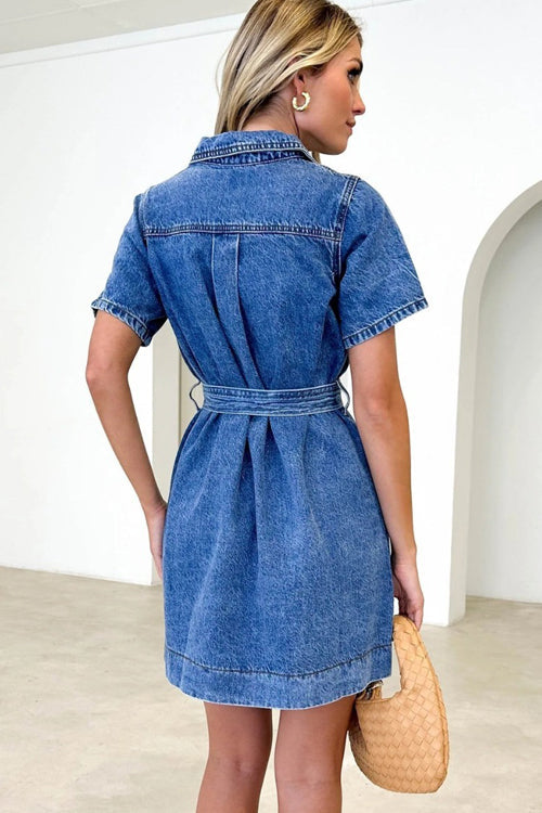 Collared Short Sleeve Button Down Chest Pocket Belted Denim Mini Dress 4