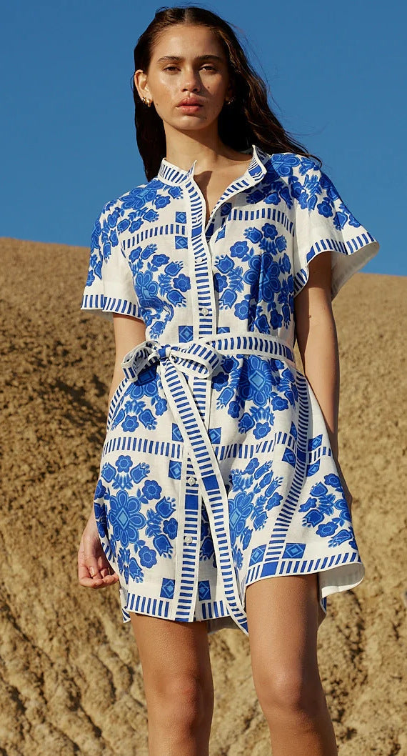 Mandarin Collar Short Sleeve Tie Waist Folk Floral Geometric Print Shirt Mini Dress 2
