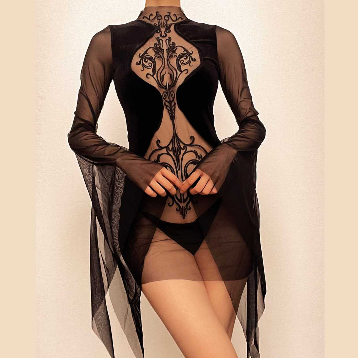 Velvet Flocked Mesh Mock Neck Bell Sleeve Gothic Mini Dress 2