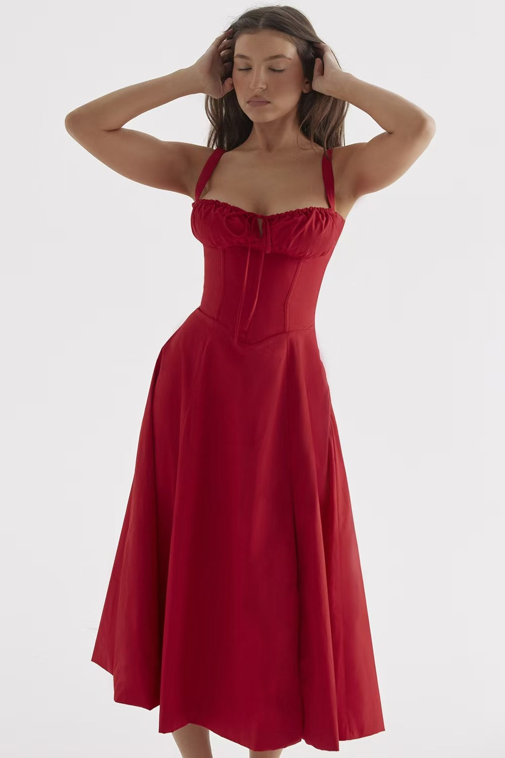 Tie Strap Ruched Sweetheart Corset Bodice Midi Dress 2