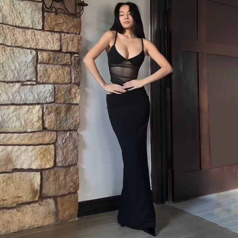 Deep V Neck Sheer Mesh Ruched Panel Sleeveless Maxi Dress 2