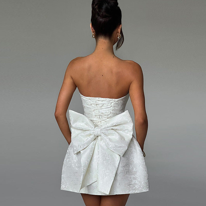 Strapless Brocade Floral Structured Bow Detail Tulip Mini Dress 2