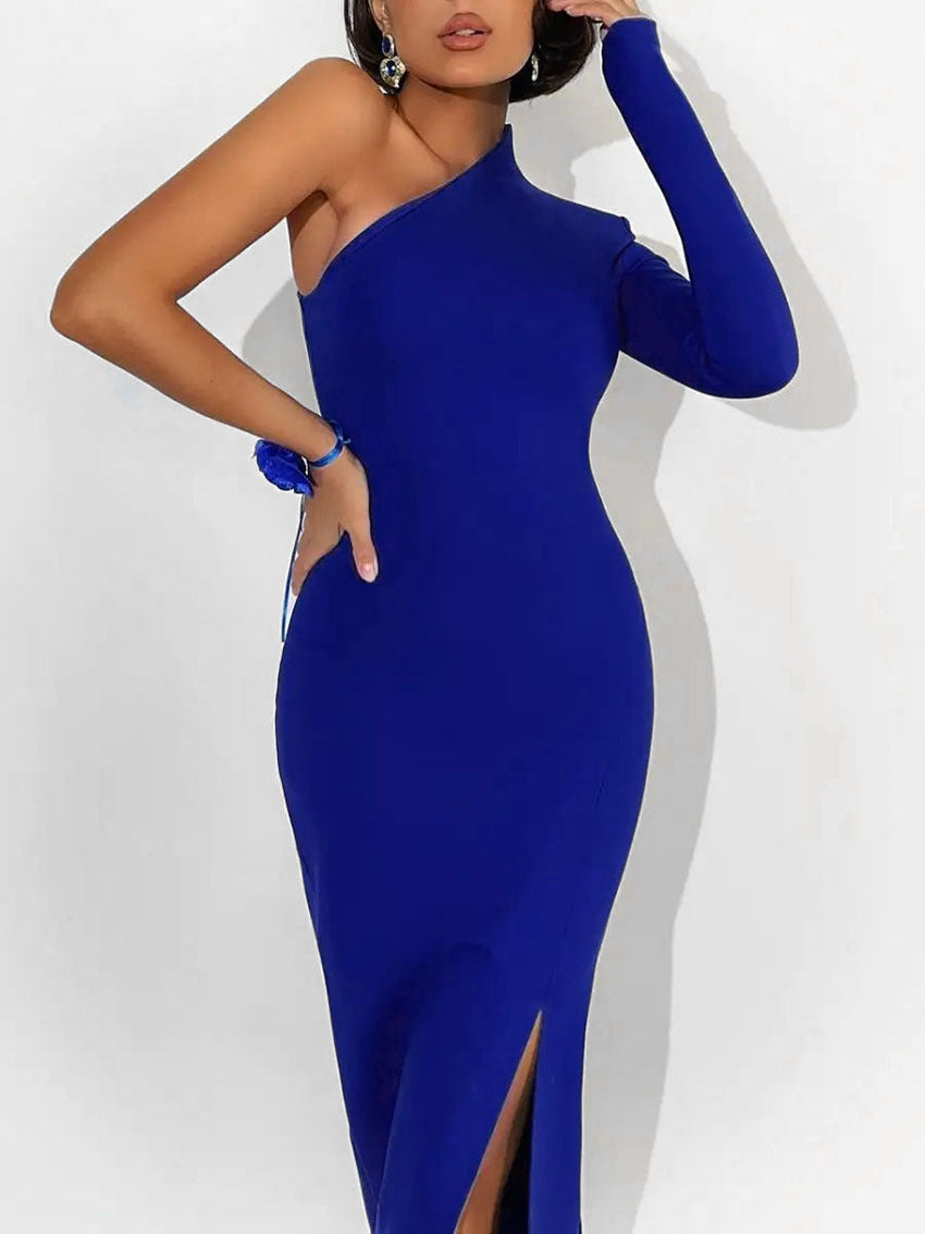 One Shoulder Mock Neck Fitted High Slit Column Maxi Gown 2