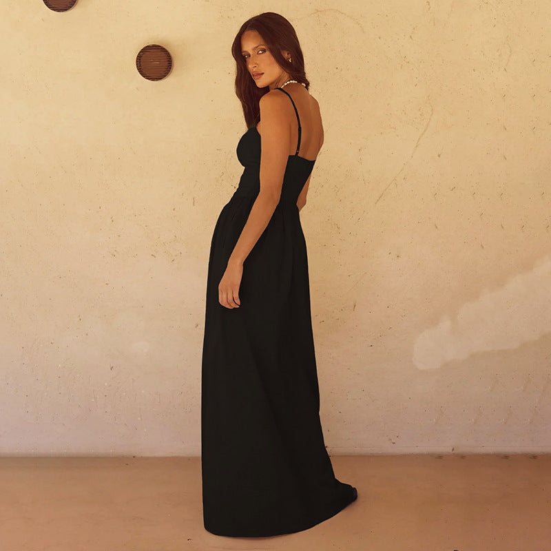 Spaghetti Strap V Neck Dropped Waist Gathered Front Slit Maxi Dress 2