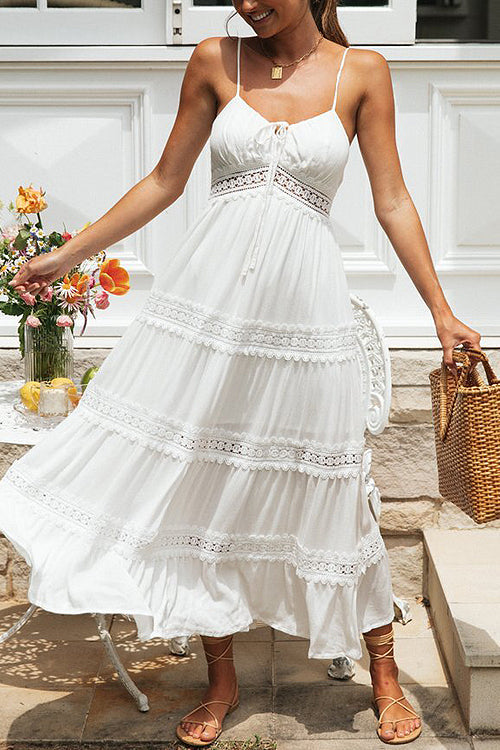 Spaghetti Strap Tie Front Crochet Tier Boho Maxi Dress