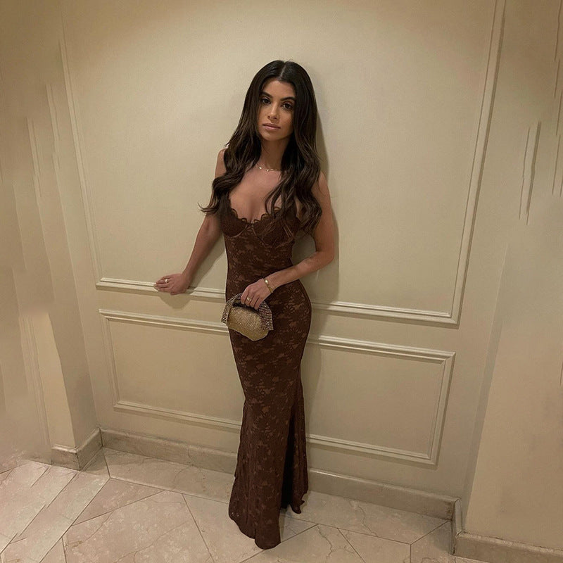 Spaghetti Strap Sweetheart Lace Maxi Dress 2