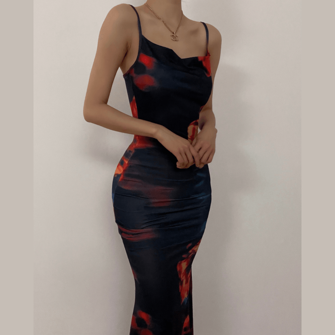 Cowl Neck Motion Blur Abstract Print Spaghetti Strap Bodycon Maxi Dress 2