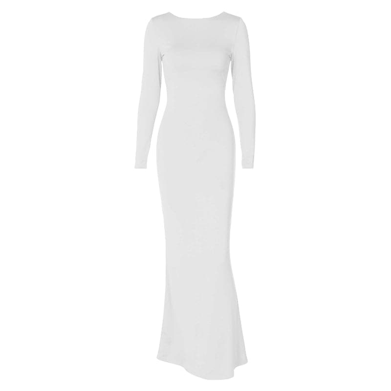 Crew Neck Long Sleeve Lace-Up Back Bodycon Mermaid Hem Maxi Dress 3