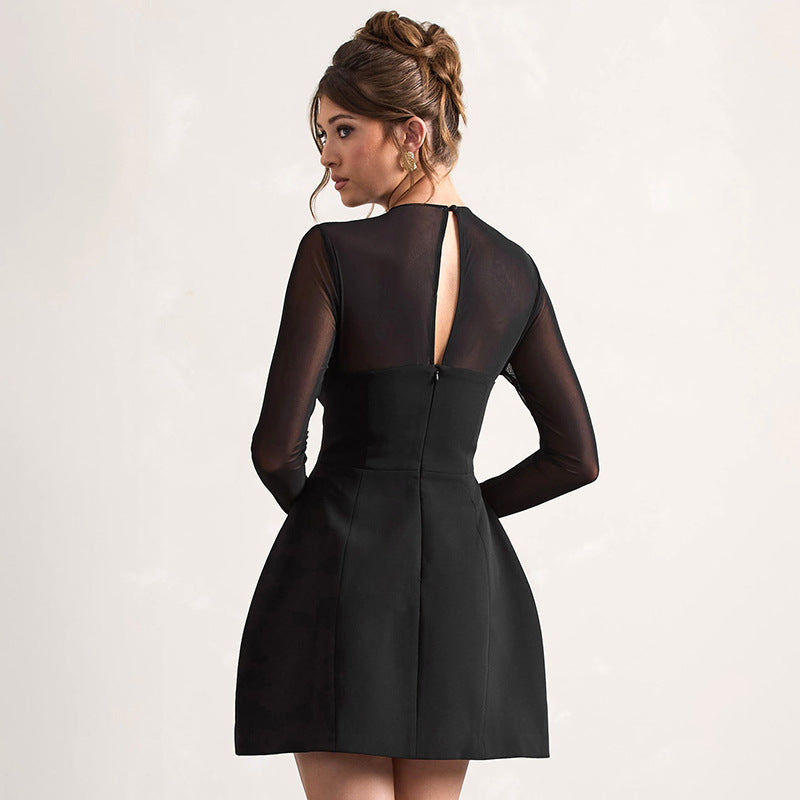 Mock Neck Mesh Yoke Long Sleeve Flared Mini Dress 2