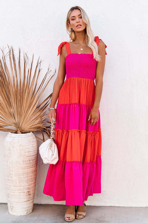 Smocked Square Neck Shoulder Tie Bow Tiered Ruffle Maxi Dress 4
