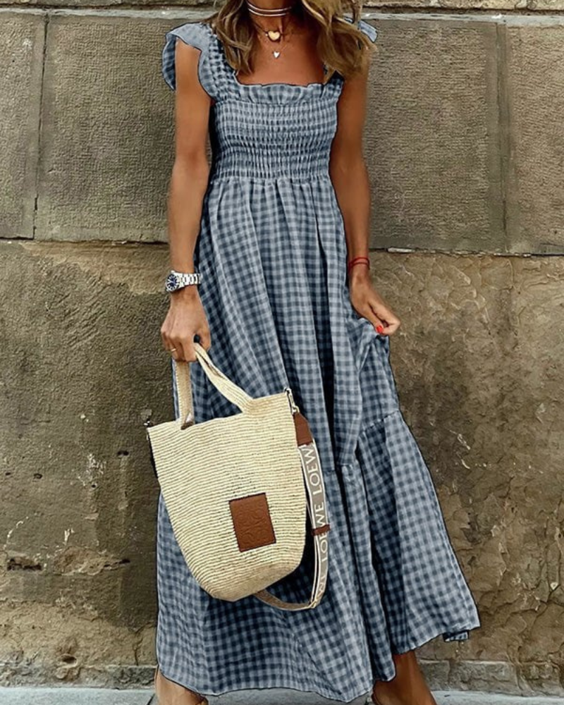 Gingham Smocked Square Neck Flutter Sleeve Tiered Maxi Dress 4
