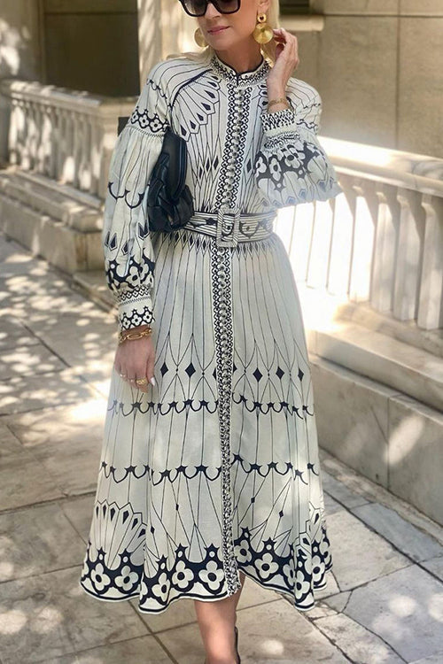 Mandarin Collar Button Front Puff Sleeve Belted Ornamental Print Midi Dress