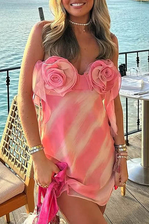 Strapless 3D Organza Rosette Watercolor Print Mini Dress