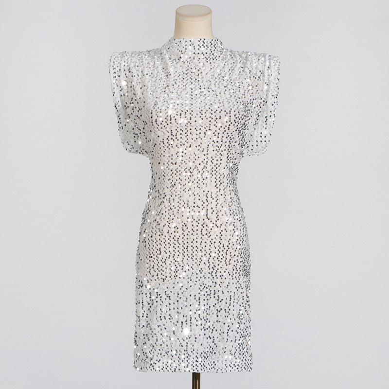 Structured Shoulder Crew Neck Sequin Mini Dress 2