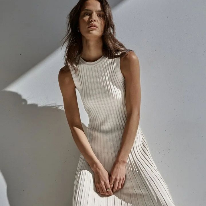 Rib Knit Bodice Accordion Pleated Skirt Sleeveless Maxi Dress 3