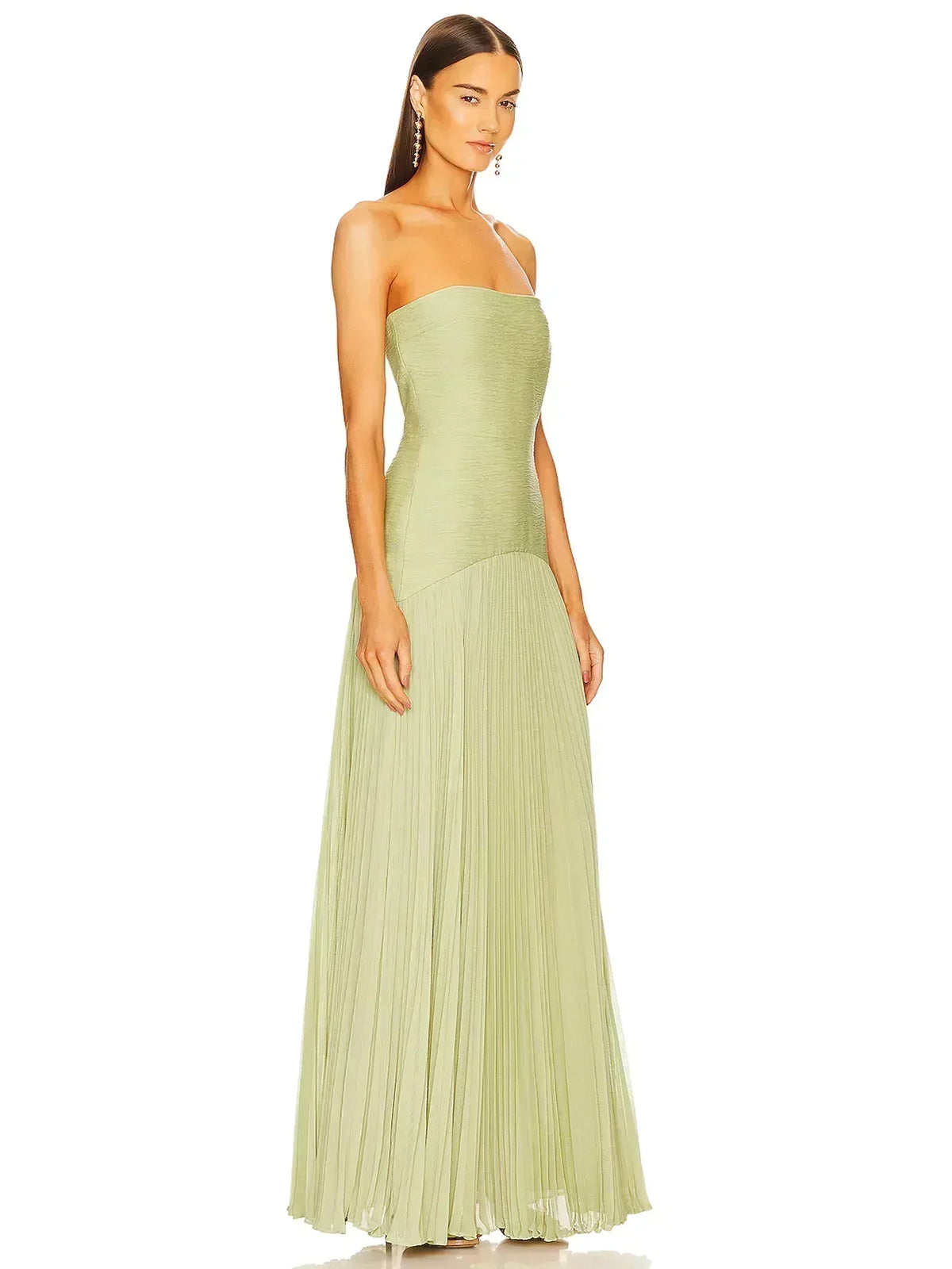 Strapless Drop Waist Accordion Pleat Column Maxi Dress
