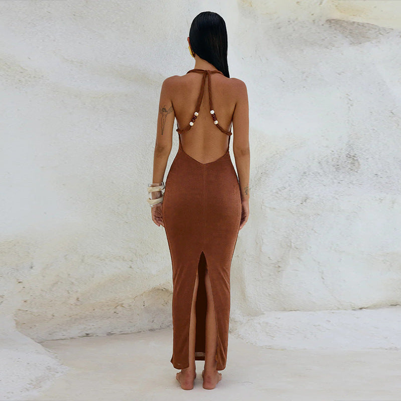 Halter Cowl Neck Backless Bodycon Column Maxi Dress 2