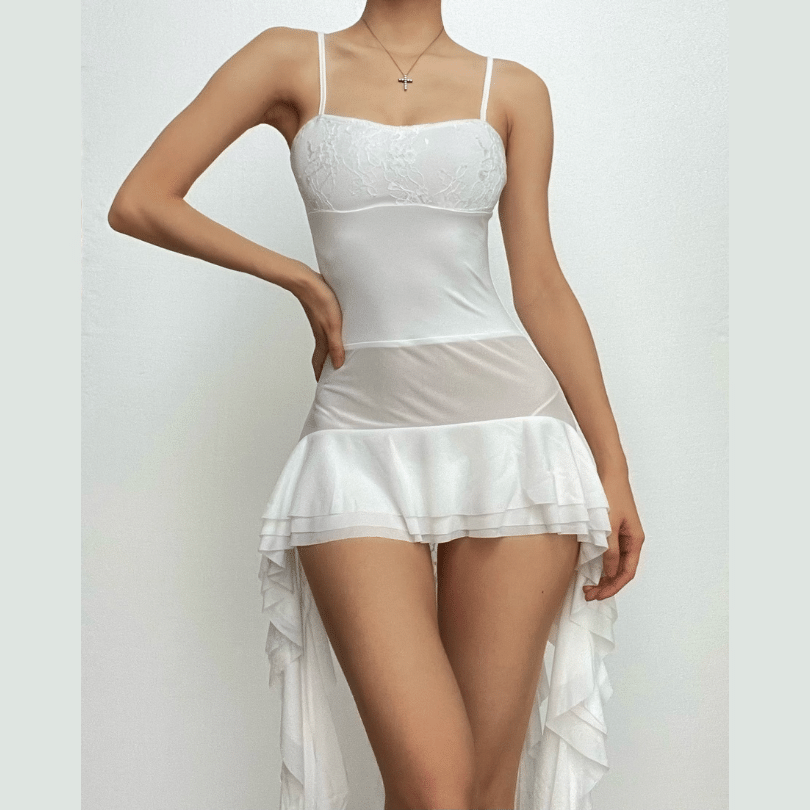 Spaghetti Strap Lace Panel Mesh High Low Ruffle Mini Dress