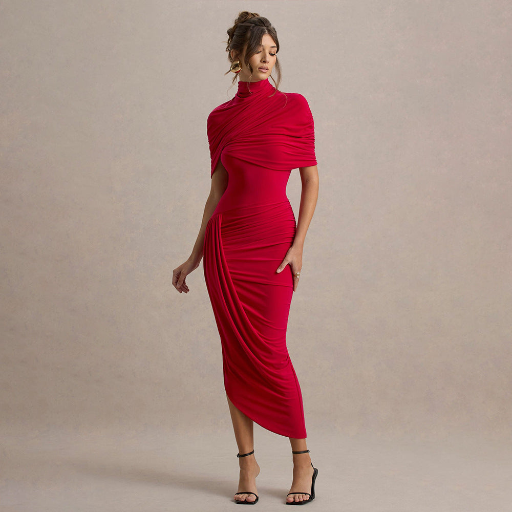 Mock Neck Draped Shoulder Ruched Asymmetrical Midi Dress 2