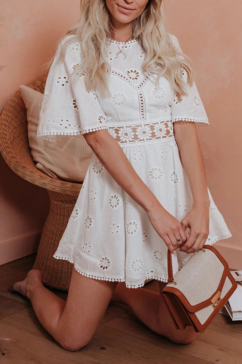 Round Neck Flutter Sleeve Eyelet Lace Circle Waistband Fit And Flare Mini Dress 3