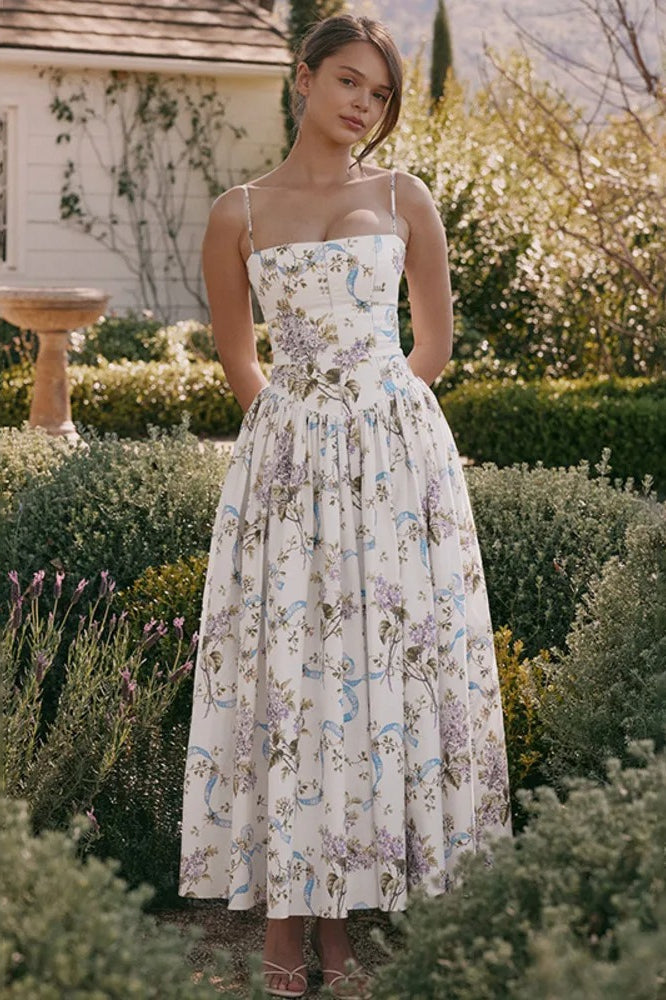 Square Neck Corset Bodice Dropped Waist Floral Ribbon Print Maxi Dress 3