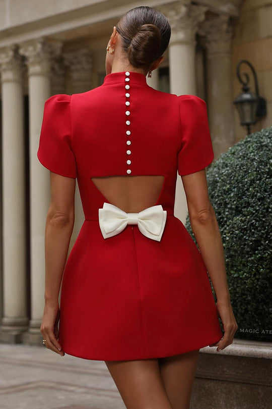 Mandarin Collar Button Back Cut Out Bow Waist Tulip Sleeve Mini Dress 13
