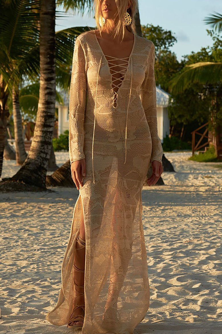 Apricot Lace Up Crochet Sheer Slit Long Beach Cover Up Dress