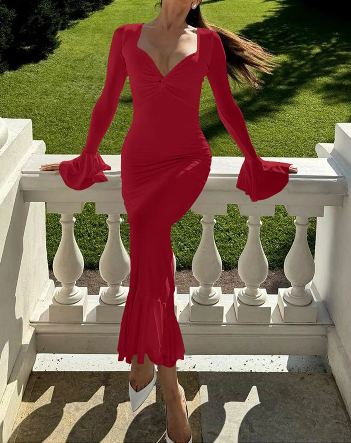 Deep V-Neck Bell Sleeve Shoulder Ruffle Tiered Mermaid Maxi Dress 2