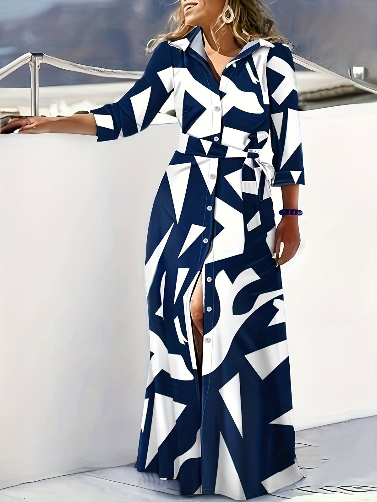 Marble Print Long Sleeve Belted Button Front Shirt Maxi Dress 10