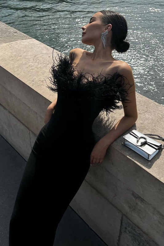 Feather Trim Strapless Bodycon Midi Dress