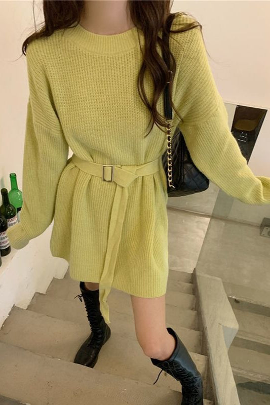 Rib Knit Belted Square Buckle Balloon Sleeve Sweater Mini Dress 14