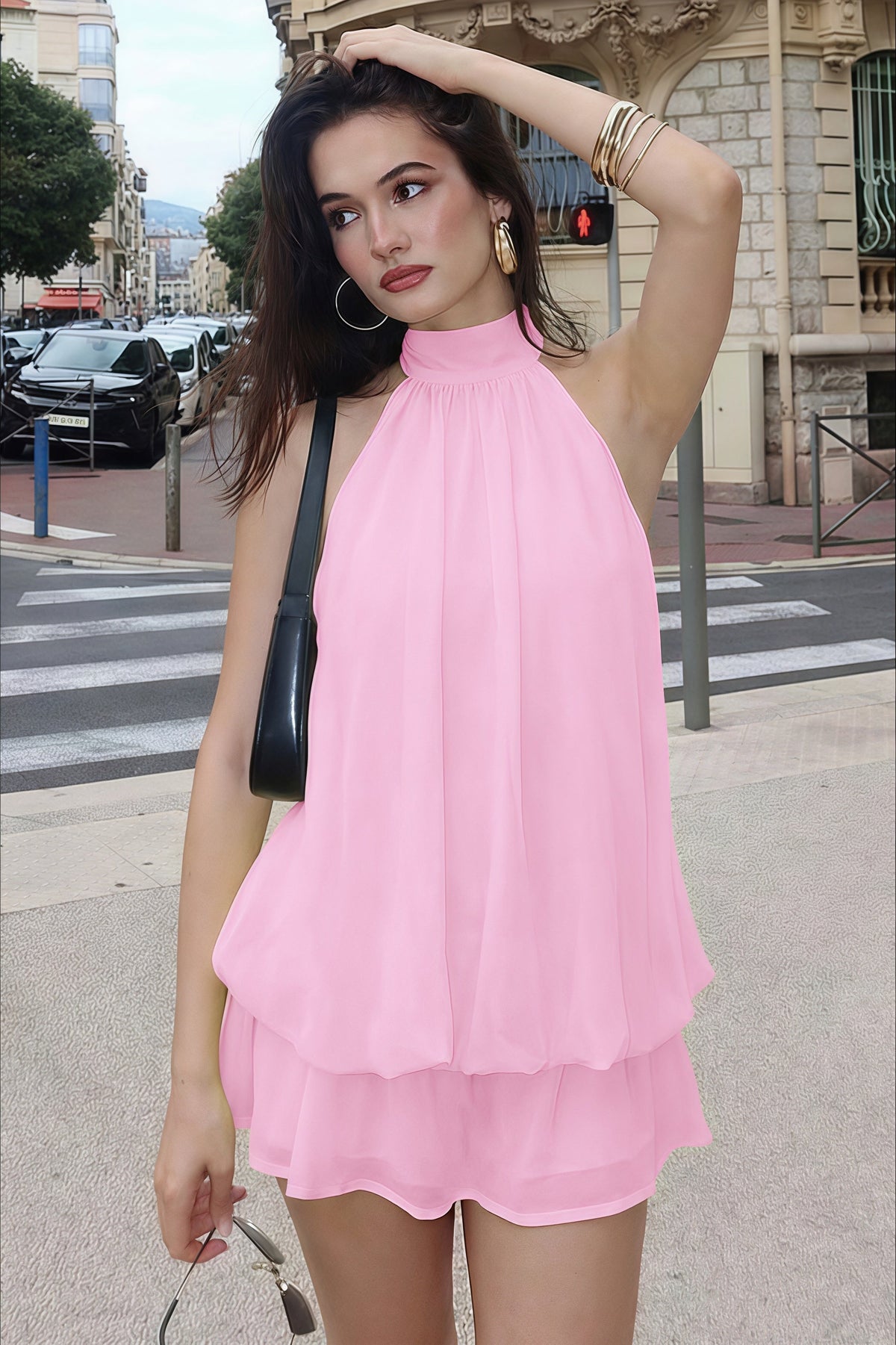 Halter Neck Pleated Tiered Bubble Hem Chiffon Mini Dress 4