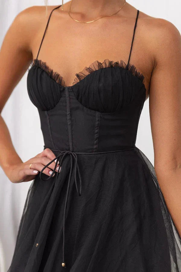 Sweetheart Neck Spaghetti Strap Corset Lace Up Tulle Skirt Midi Dress 8