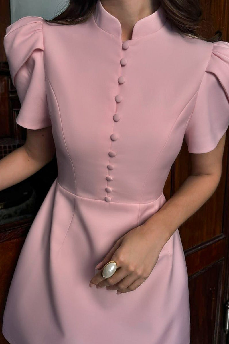 Stand Collar Button Front Tulip Puff Sleeve Fit and Flare Mini Dress 6