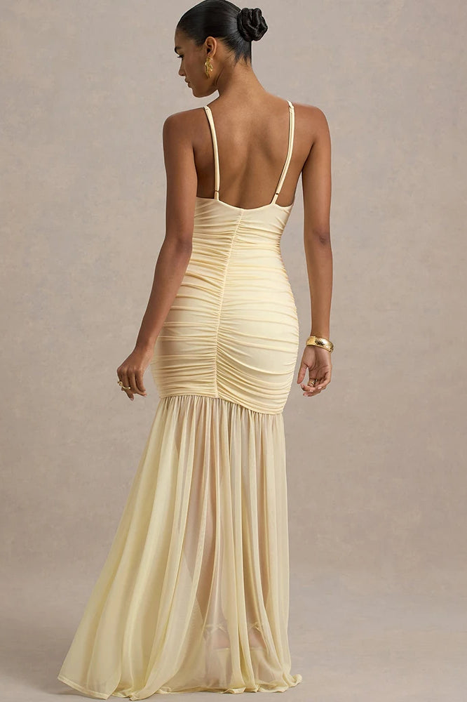 Deep V-Neck Spaghetti Strap Ruched Sheer Mesh Skirt Maxi Dress 3