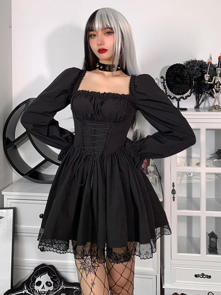 Square Neck Milkmaid Lace Trim Corset Lace Up Puff Sleeve Mini Dress