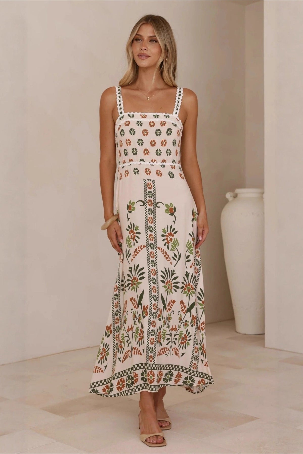 Scalloped Trim Square Neck Panel Print Border Hem Maxi Dress 7