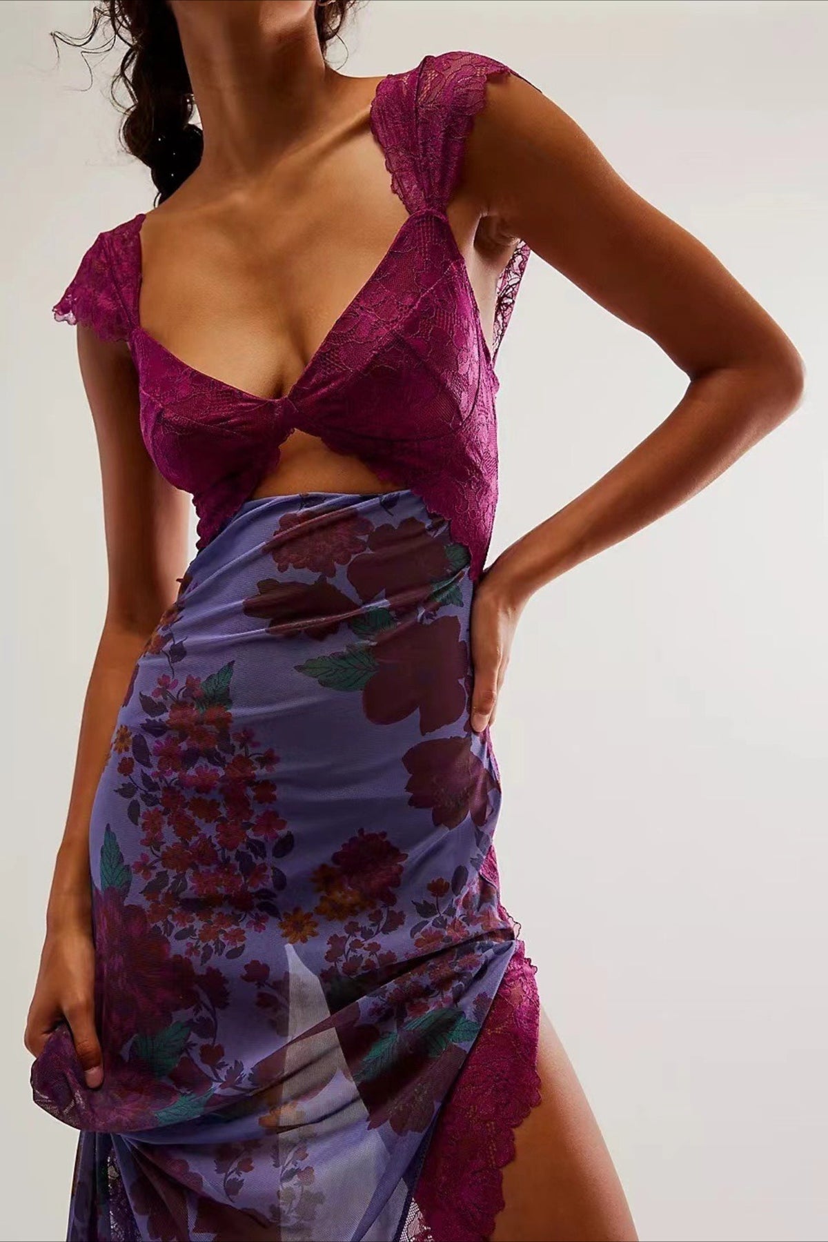 Lace Sweetheart Bodice Cut Out Flutter Sleeve Floral Print Slip Maxi Dress 4