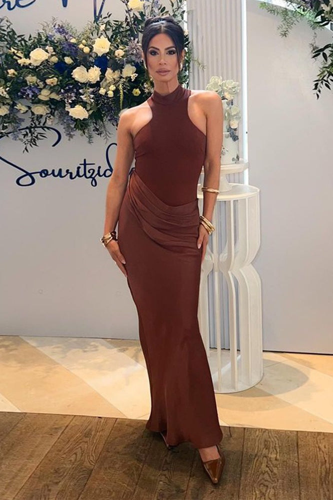 Mock Neck Hip Cutout Draped Wrap Column Maxi Dress 2