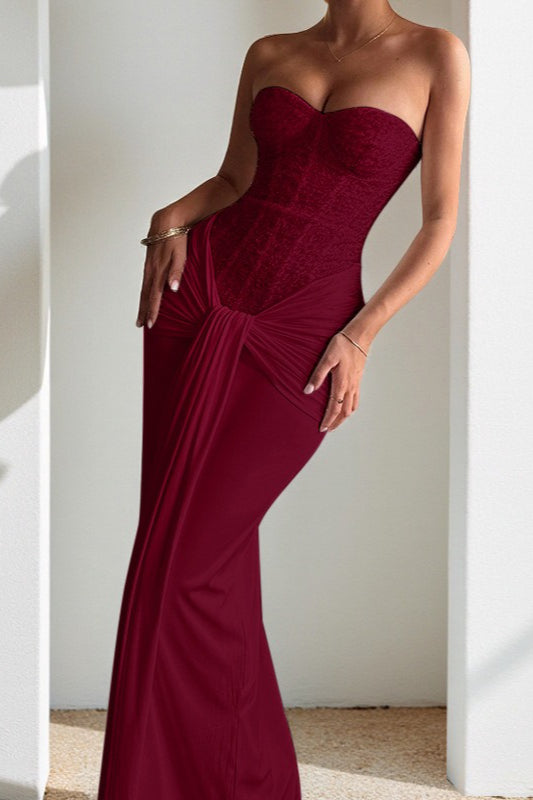 Sequin Strapless Corset Sweetheart Draped Knot Waist Formal Maxi Gown 11