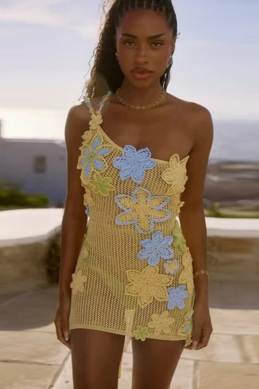 One-Shoulder Crochet Floral Applique Openwork Mesh Mini Dress 2