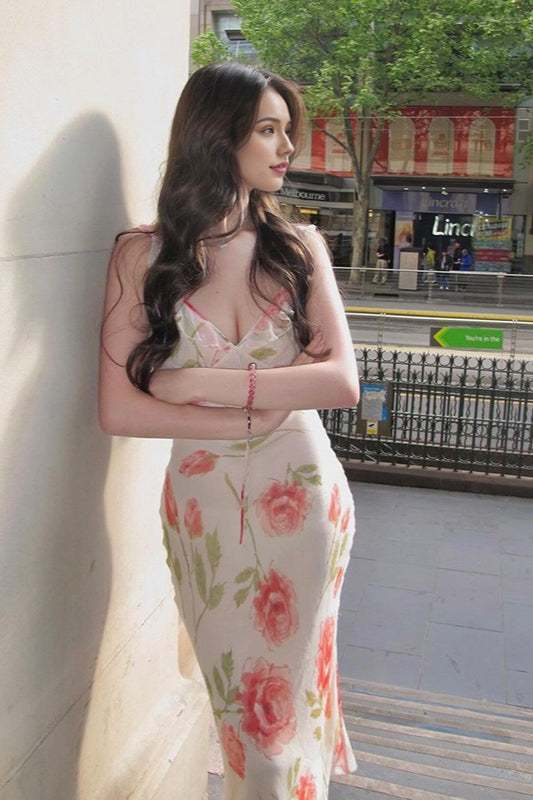 Floral Print Ruffle Trim Deep V-Neck Tie Front Bodycon Midi Dress 3