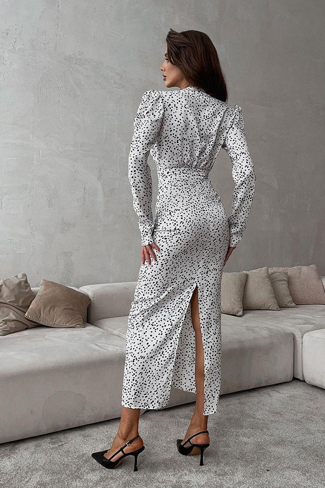 Polka Dot Puff Sleeve V-Neck Rosette Applique Ruched Maxi Dress 3