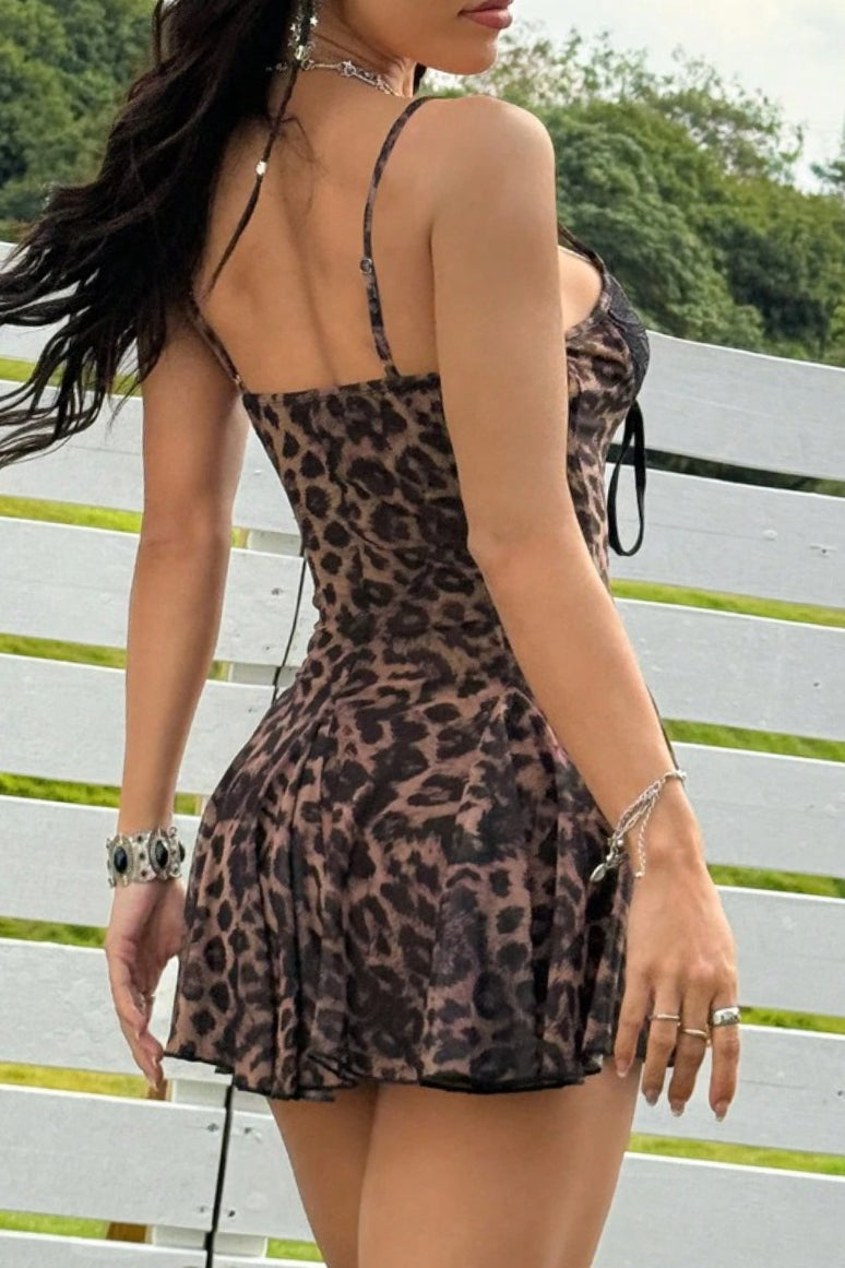 Lace Bustier Tie Front Spaghetti Strap Print Mini Dress 3